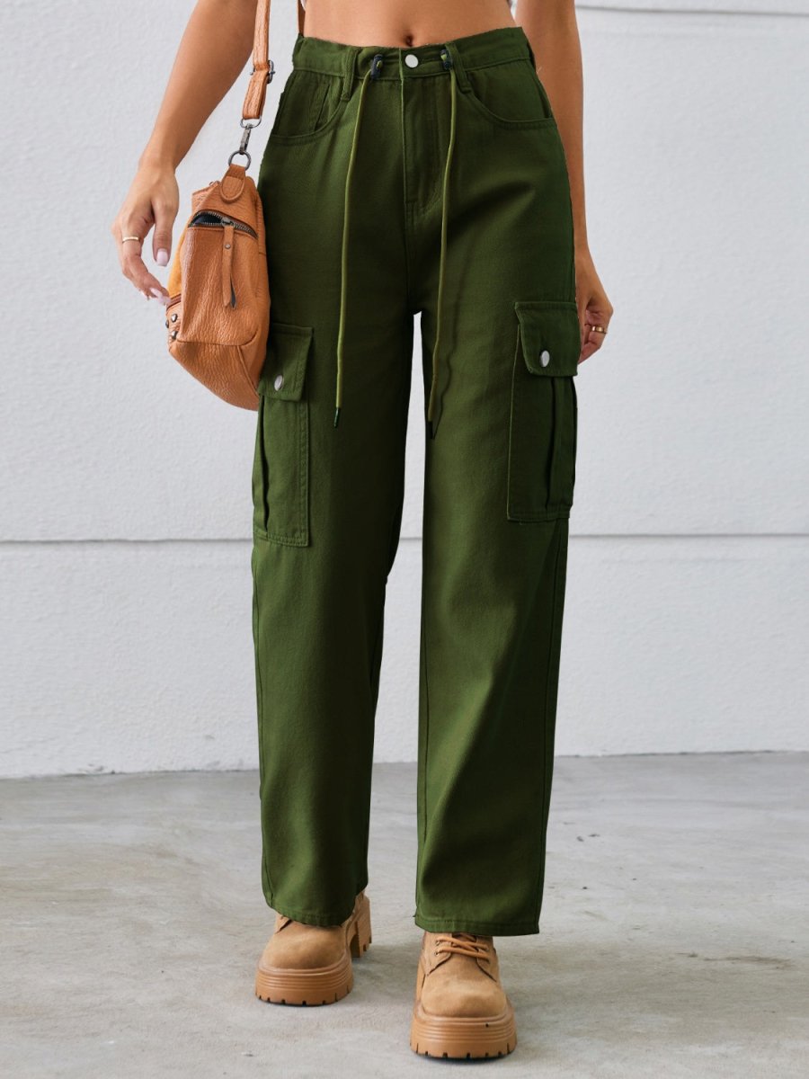 Drawstring Mid - Rise Waist Straight Cargo Jeans - Bottoms