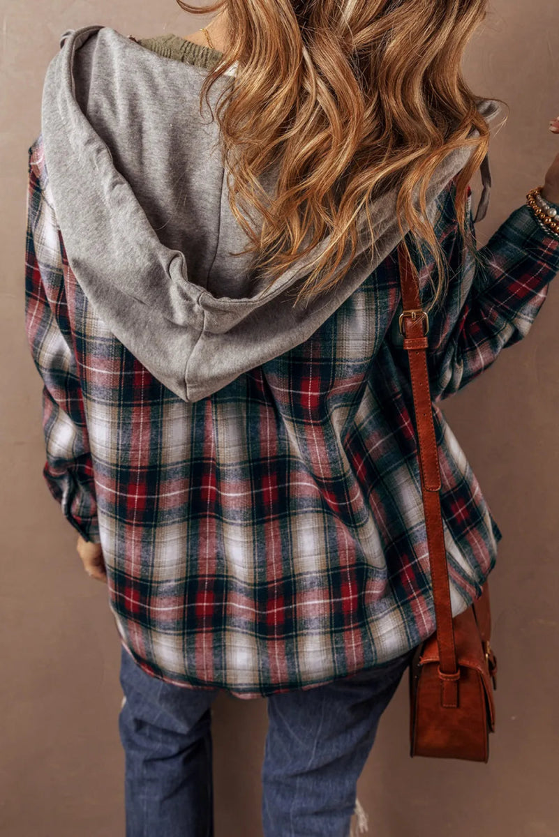 Drawstring Plaid Button Up Hooded Shacket - Outerwear