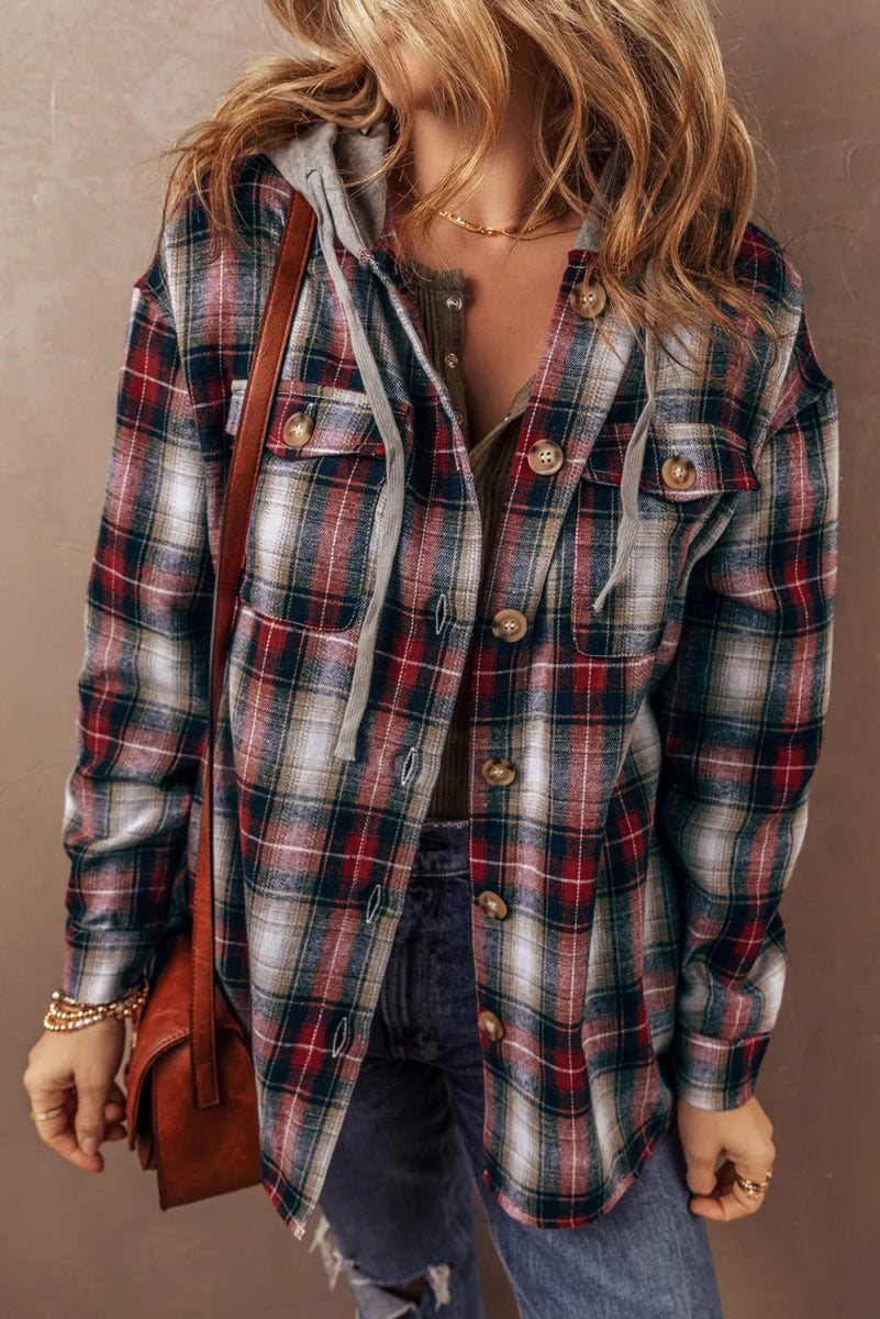 Drawstring Plaid Button Up Hooded Shacket - Outerwear