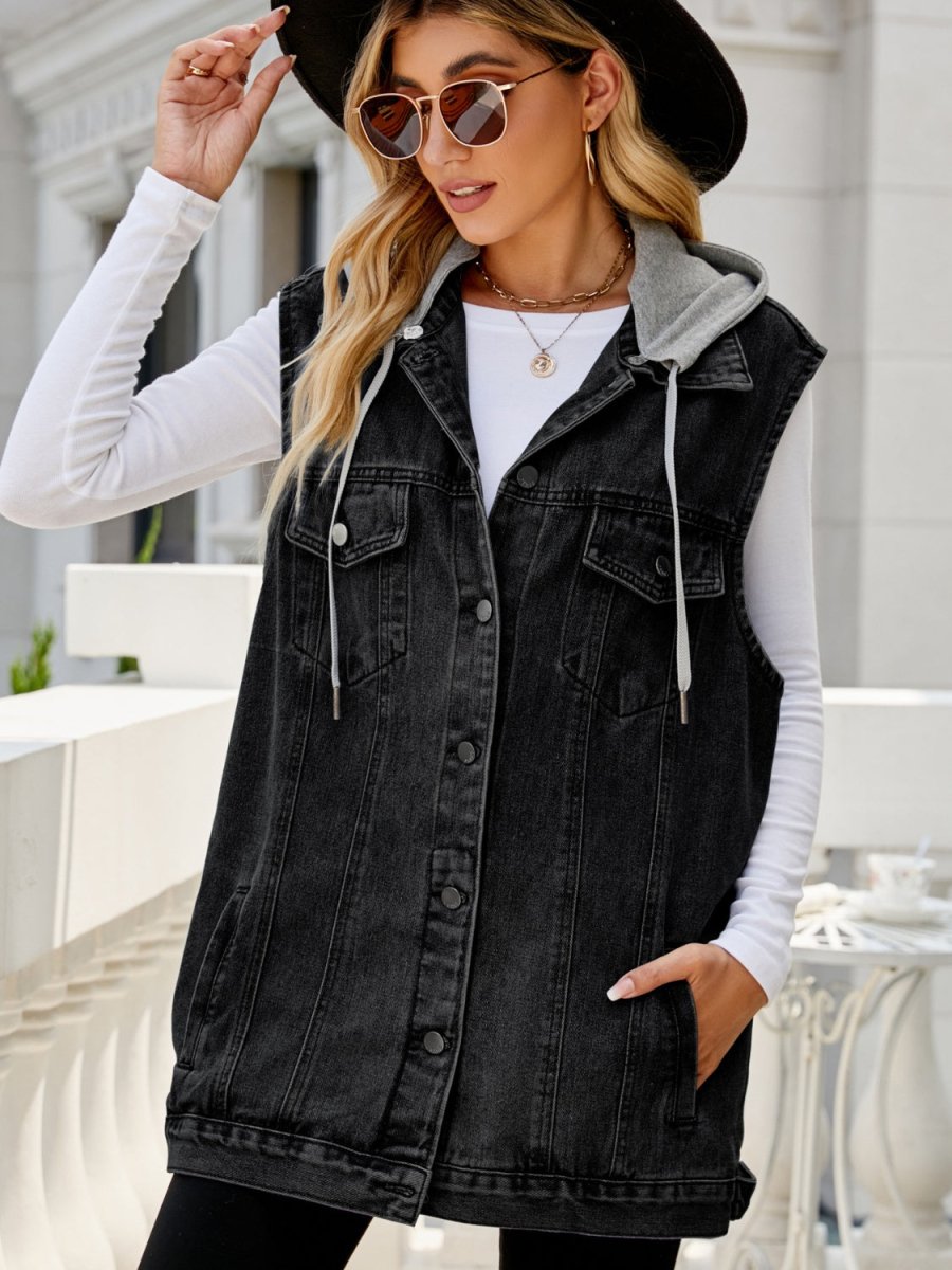 Drawstring Pocketed Button Up Sleeveless Denim Jacket - Outerwear