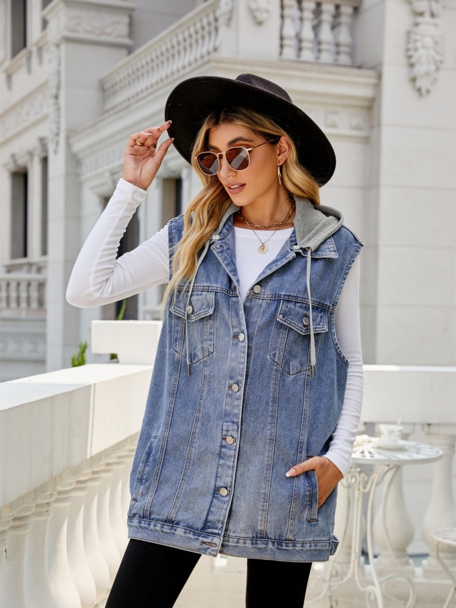 Drawstring Pocketed Button Up Sleeveless Denim Jacket - Outerwear