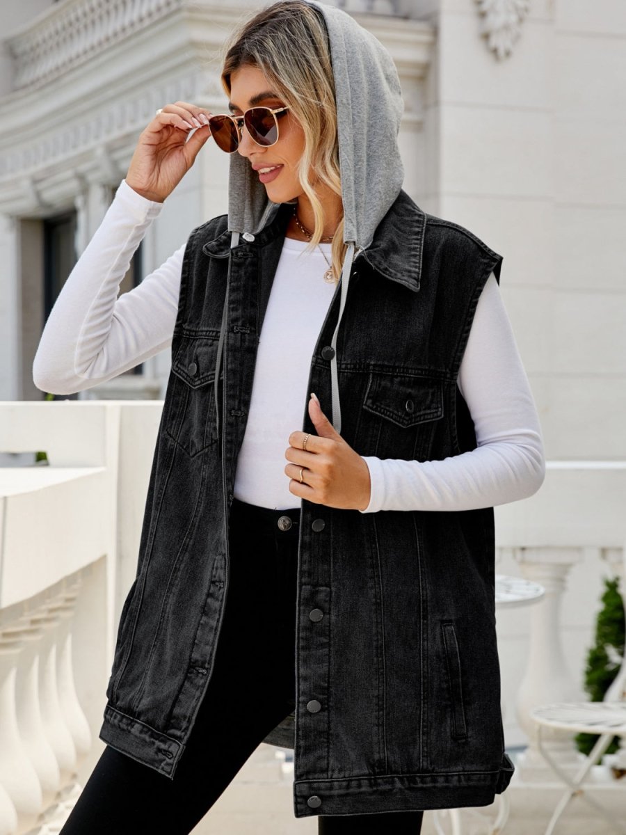 Drawstring Pocketed Button Up Sleeveless Denim Jacket - Outerwear