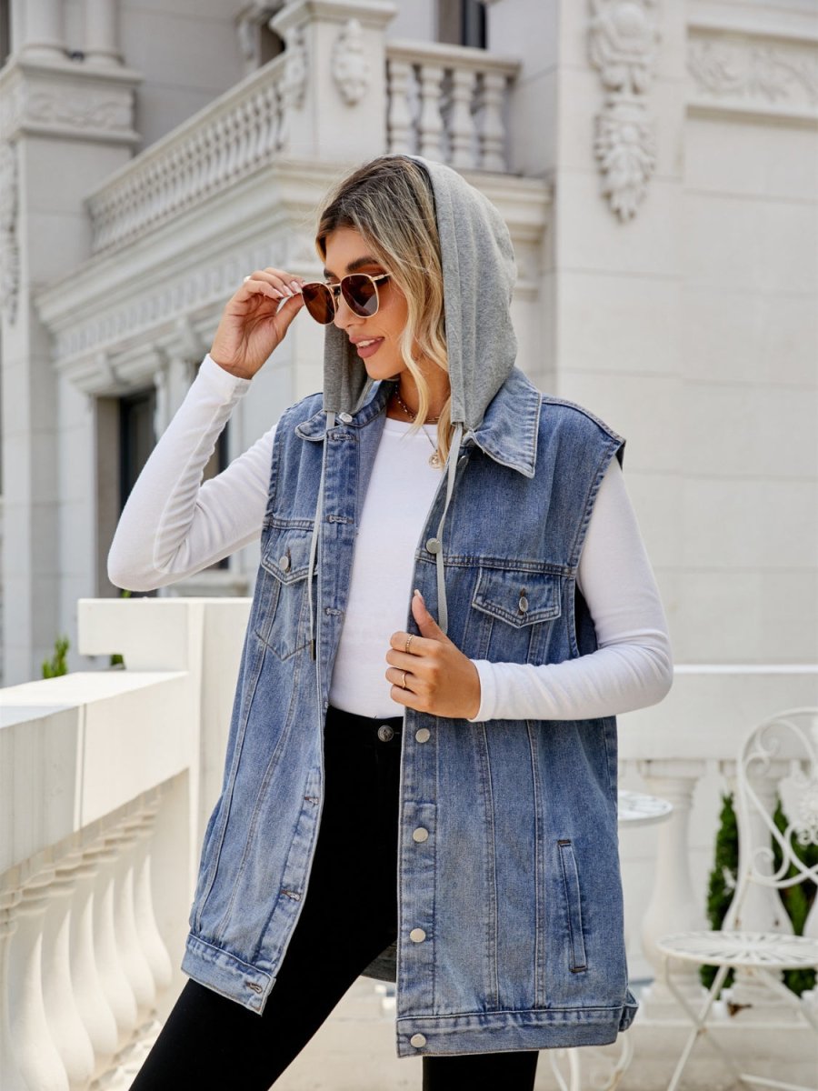 Drawstring Pocketed Button Up Sleeveless Denim Jacket - Outerwear