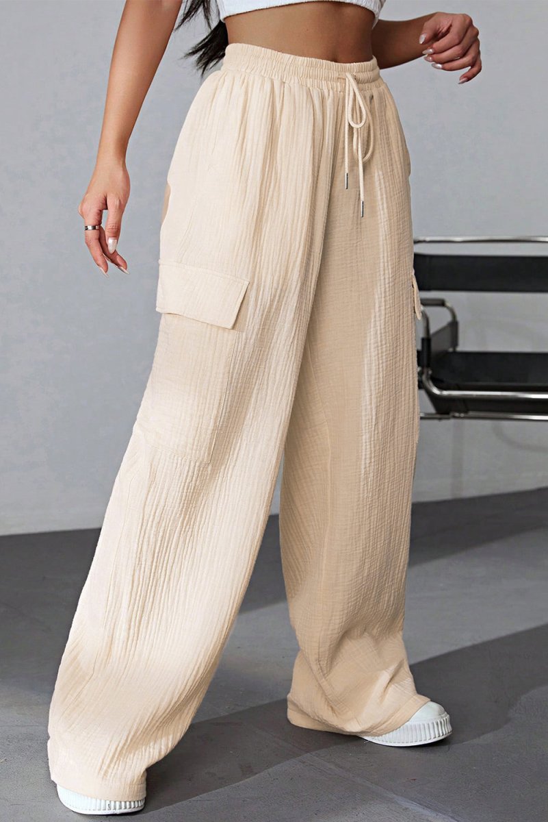 Drawstring Pocketed Wide Leg Pants - Bottoms