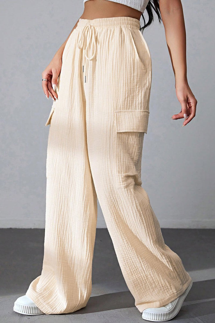 Drawstring Pocketed Wide Leg Pants - Bottoms