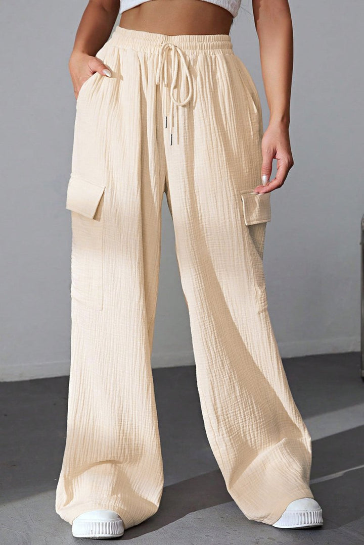 Drawstring Pocketed Wide Leg Pants - Bottoms