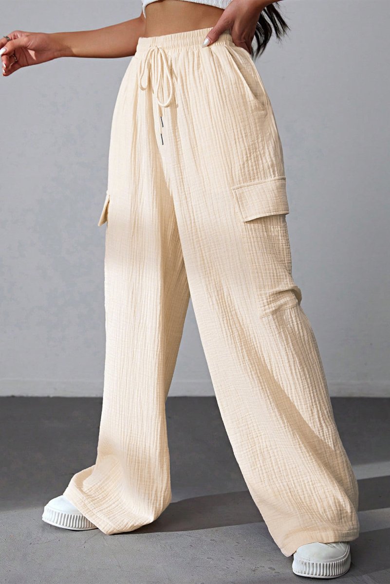 Drawstring Pocketed Wide Leg Pants - Bottoms