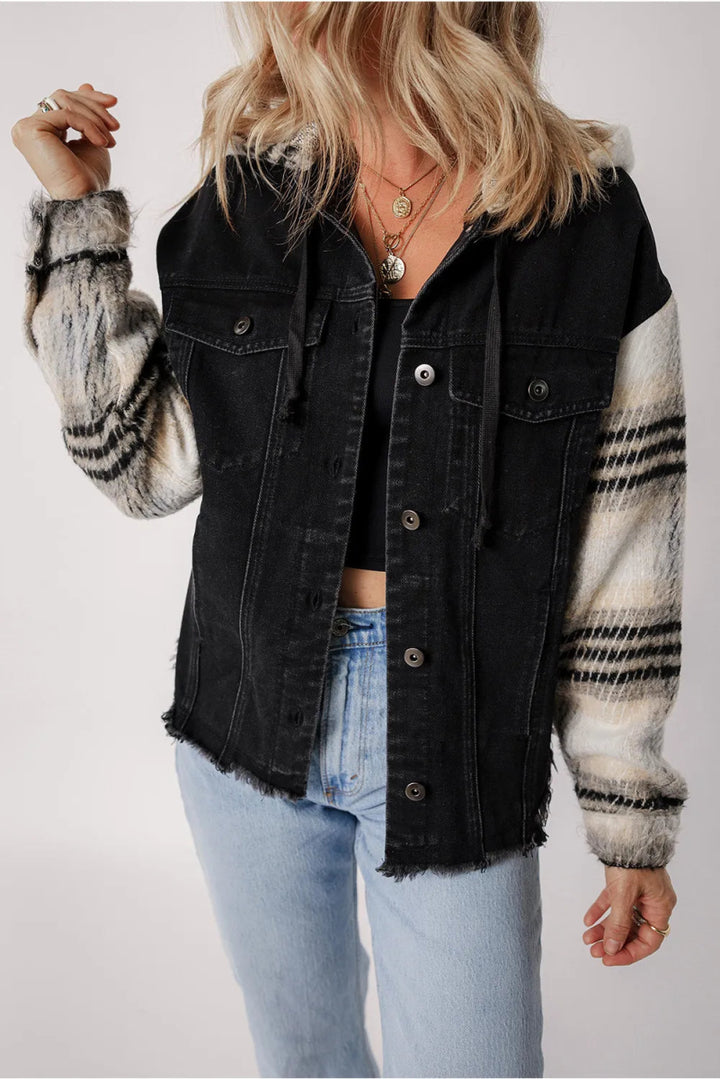 Drawstring Raw Hem Button Up Hooded Denim Jacket - Outerwear