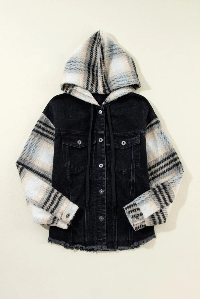 Drawstring Raw Hem Button Up Hooded Denim Jacket - Outerwear