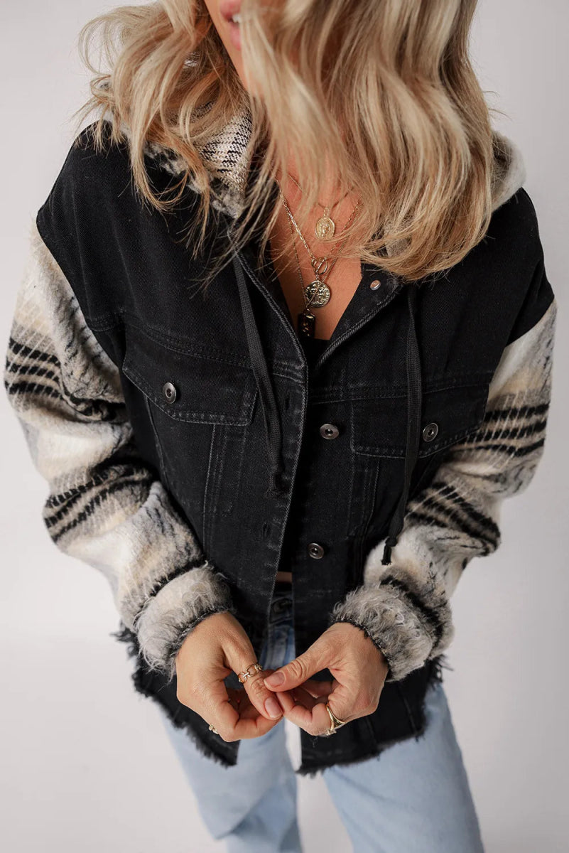 Drawstring Raw Hem Button Up Hooded Denim Jacket - Outerwear