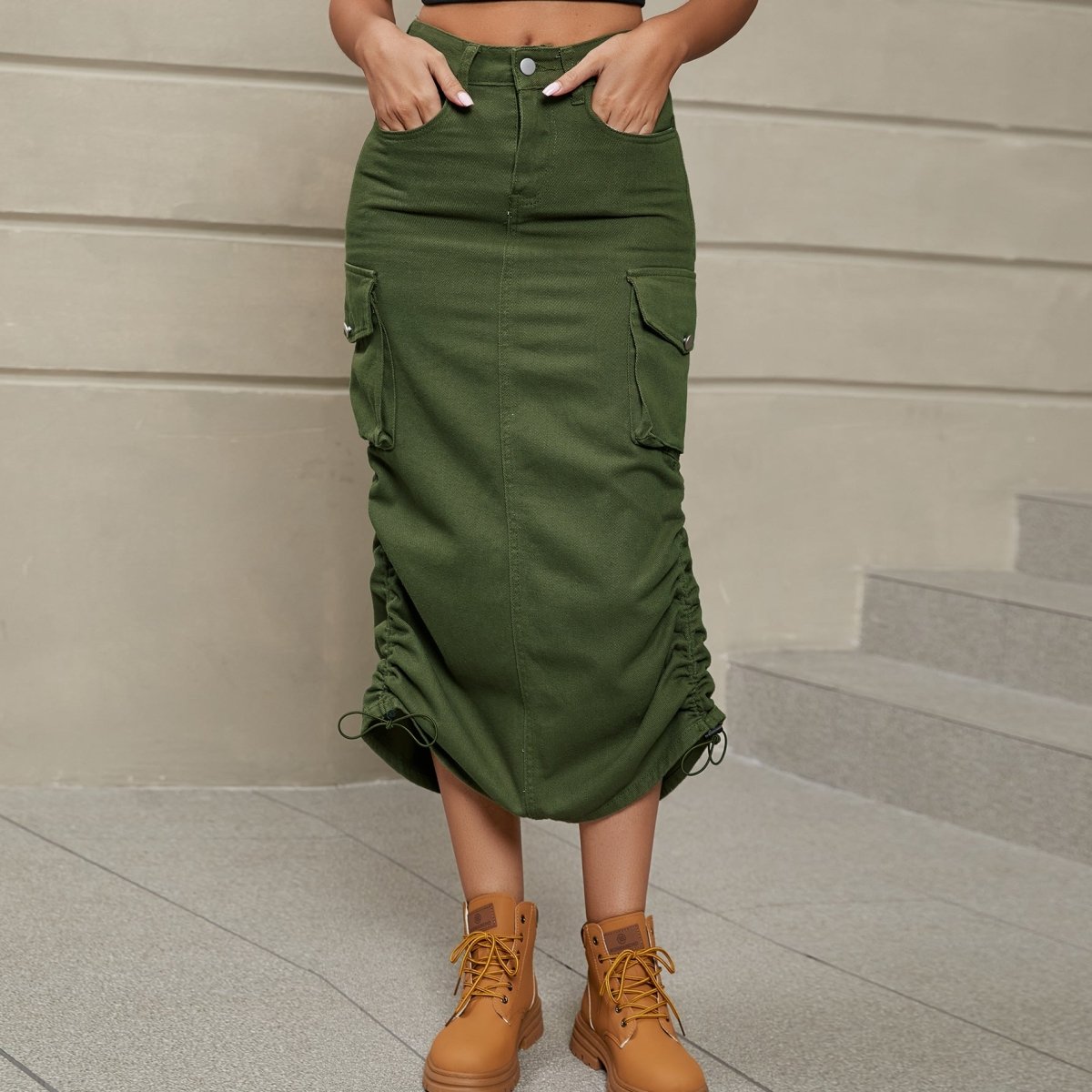 Drawstring Ruched Slit Denim Midi Skirt - Bottoms