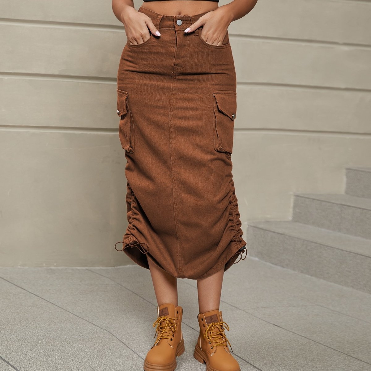 Drawstring Ruched Slit Denim Midi Skirt - Bottoms