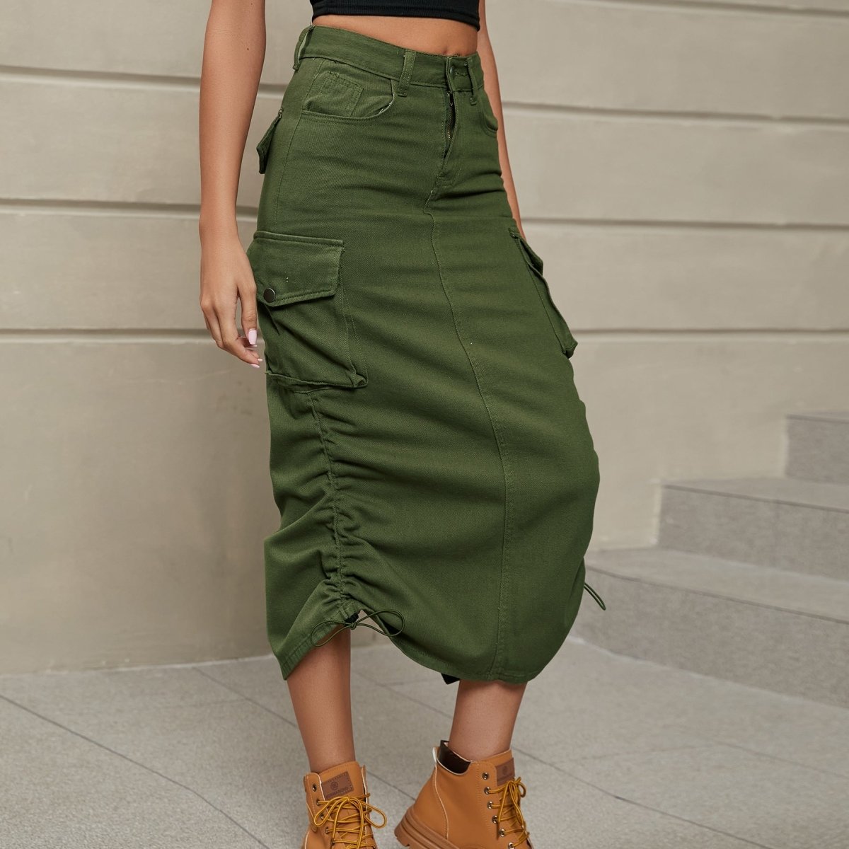 Drawstring Ruched Slit Denim Midi Skirt - Bottoms