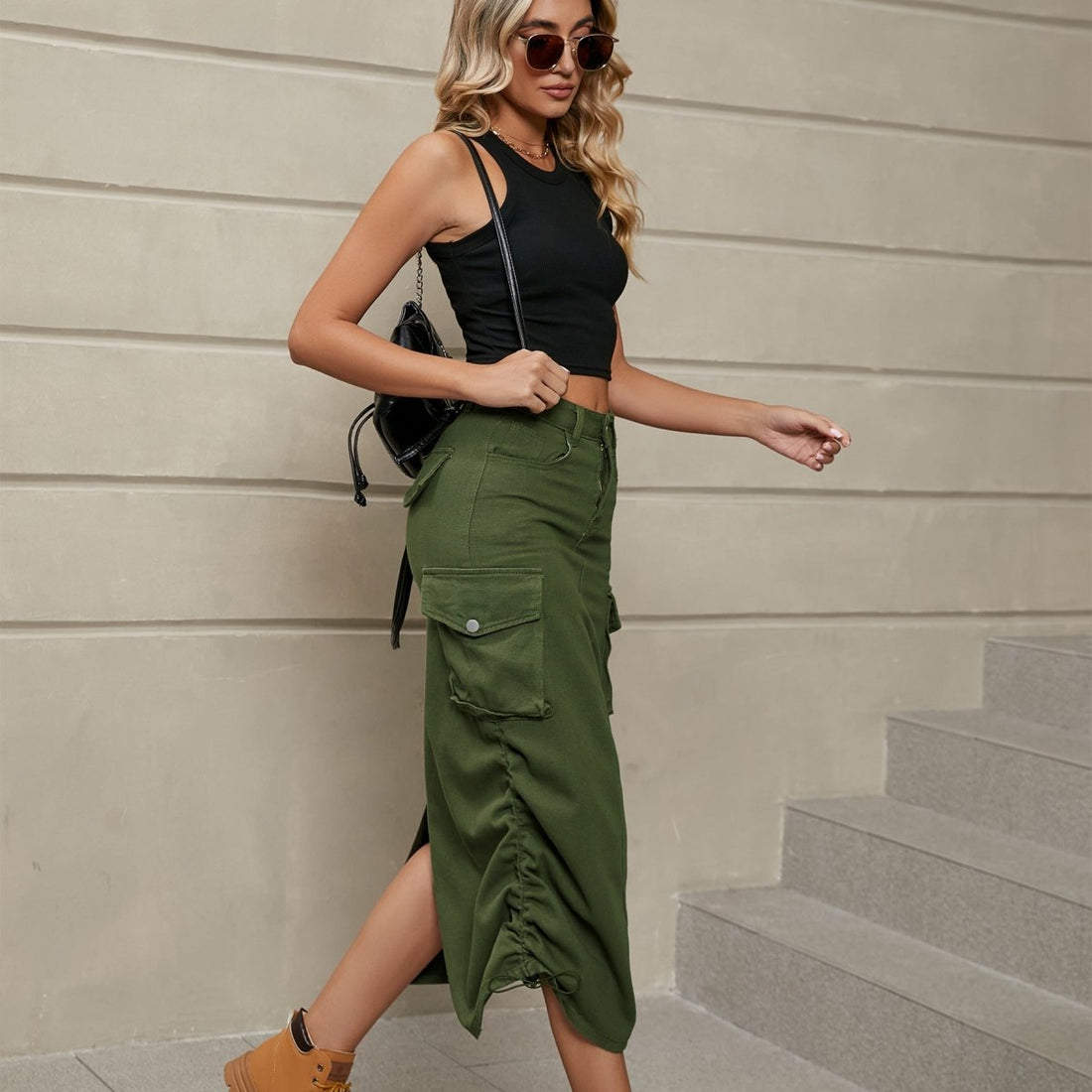 Drawstring Ruched Slit Denim Midi Skirt - Bottoms