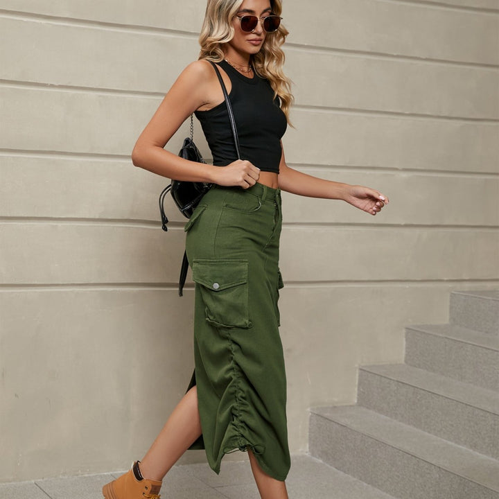 Drawstring Ruched Slit Denim Midi Skirt - Bottoms