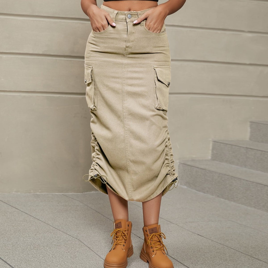 Drawstring Ruched Slit Denim Midi Skirt - Bottoms