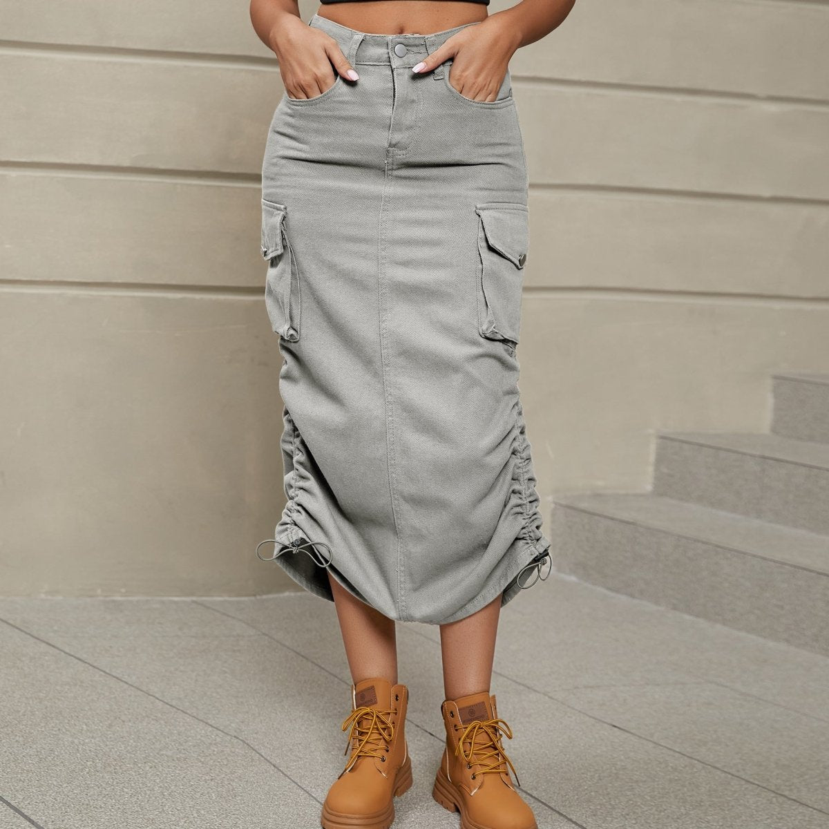 Drawstring Ruched Slit Denim Midi Skirt - Bottoms