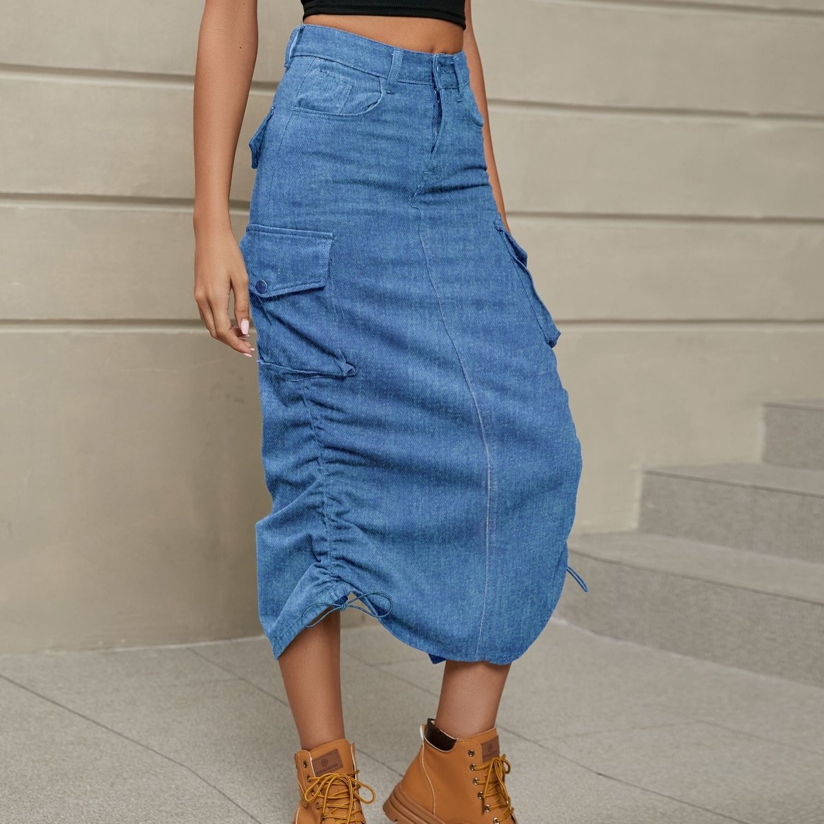 Drawstring Ruched Slit Denim Midi Skirt - Bottoms