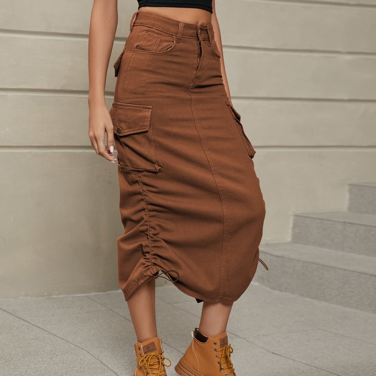 Drawstring Ruched Slit Denim Midi Skirt - Bottoms