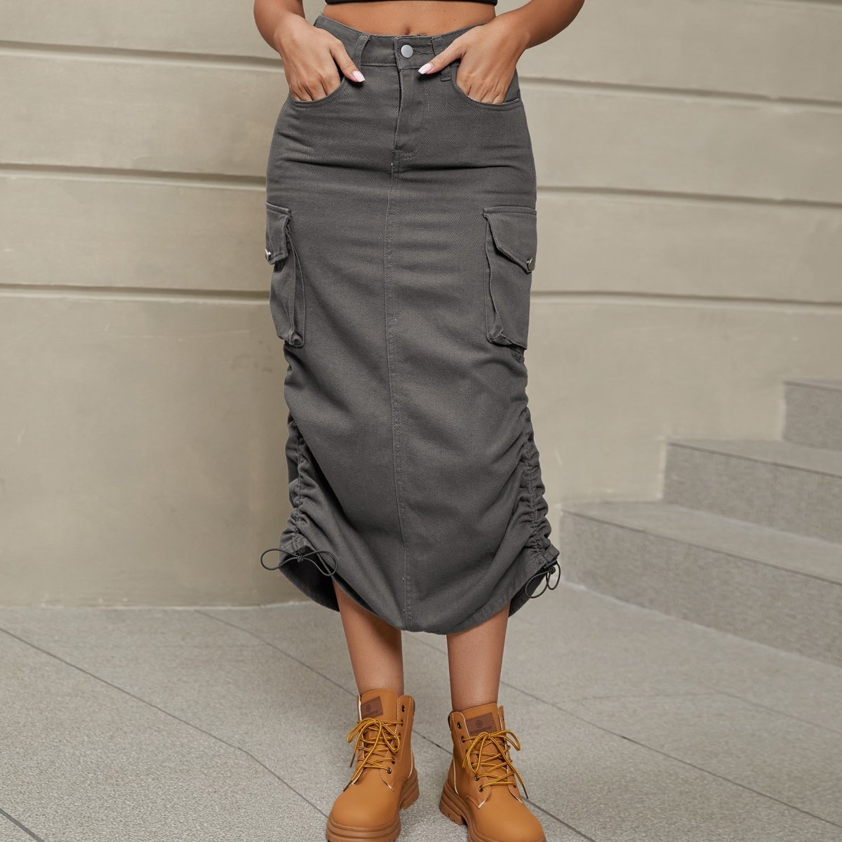 Drawstring Ruched Slit Denim Midi Skirt - Bottoms