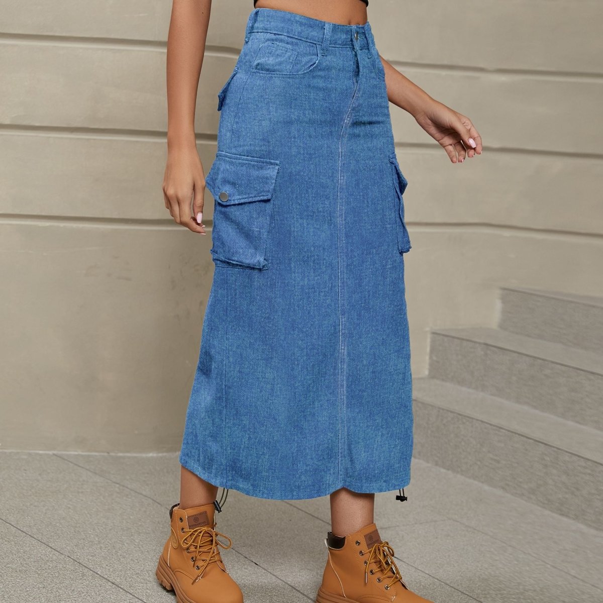 Drawstring Ruched Slit Denim Midi Skirt - Bottoms