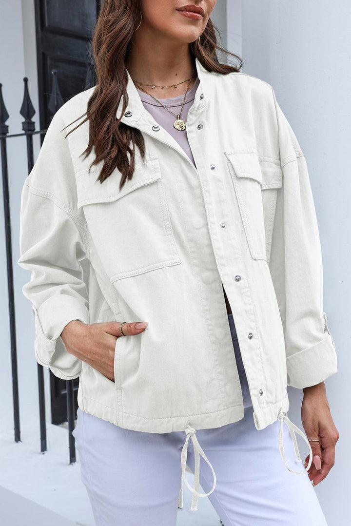 Drawstring Snap Down Dropped Shoulder Denim Jacket - Outerwear