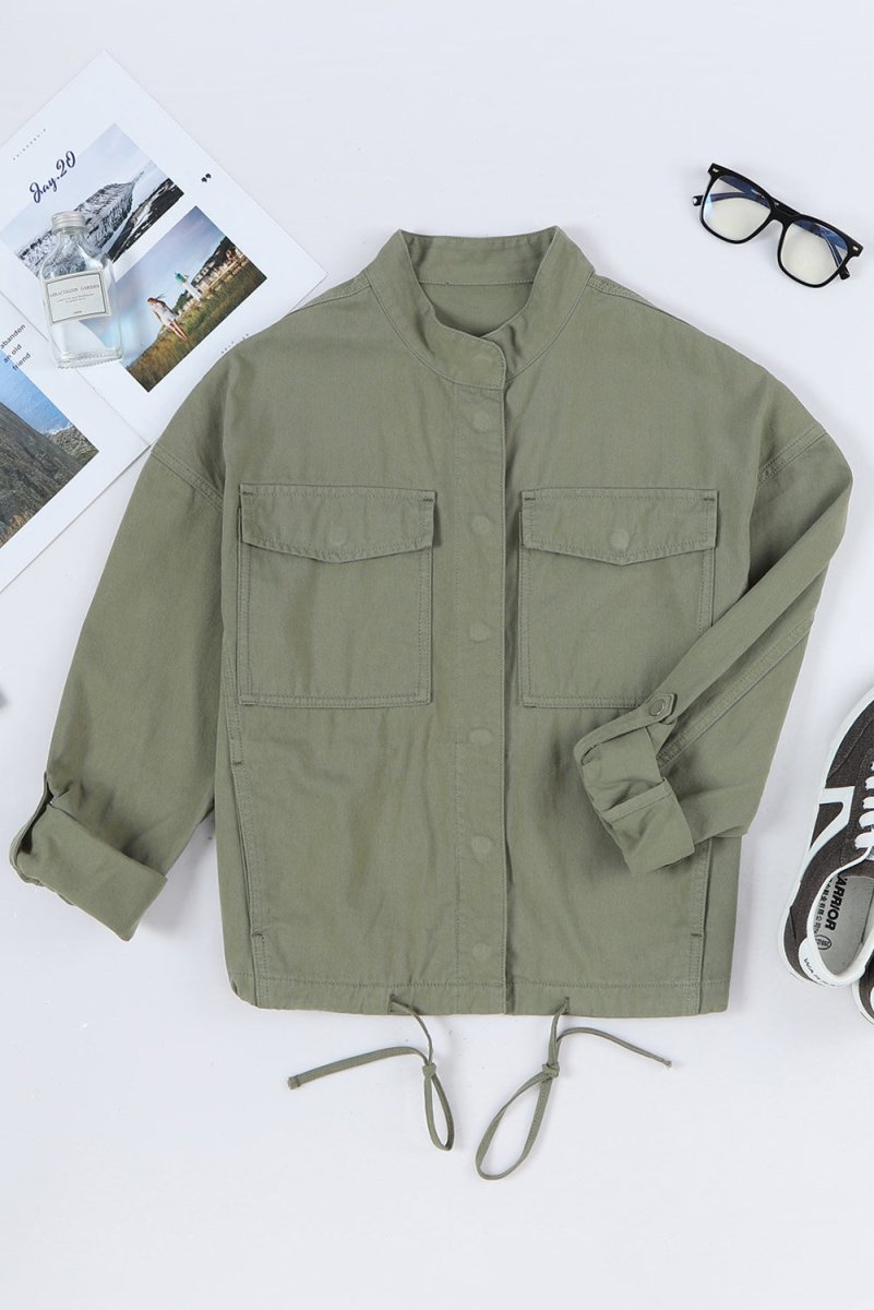 Drawstring Snap Down Dropped Shoulder Denim Jacket - Outerwear