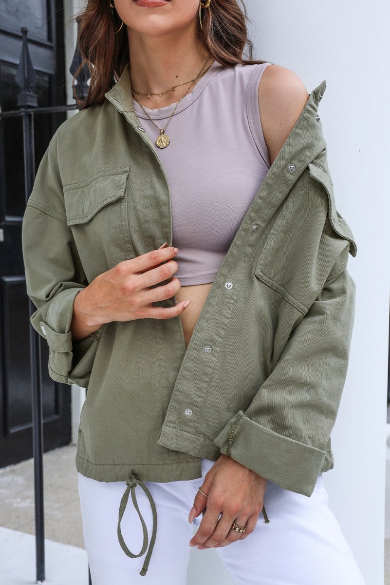 Drawstring Snap Down Dropped Shoulder Denim Jacket - Outerwear