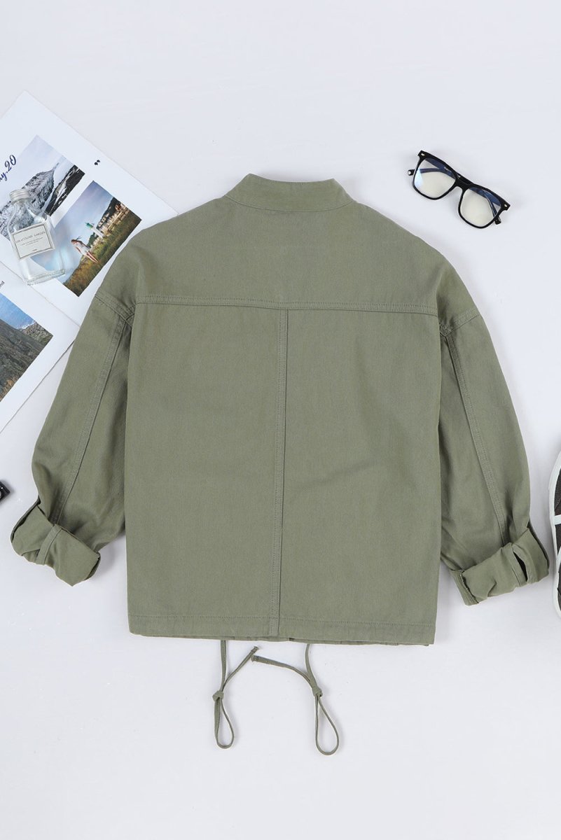 Drawstring Snap Down Dropped Shoulder Denim Jacket - Outerwear
