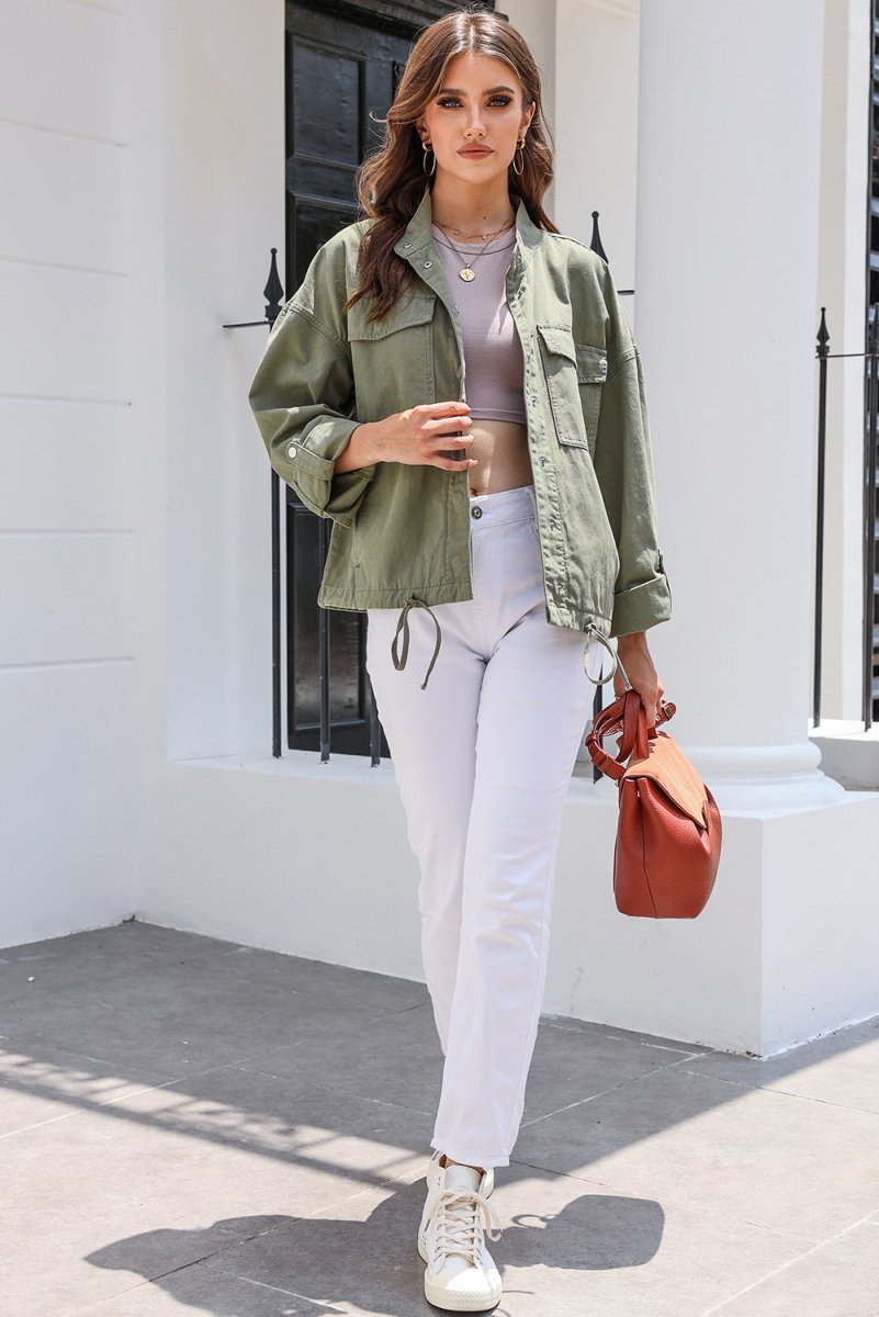 Drawstring Snap Down Dropped Shoulder Denim Jacket - Outerwear