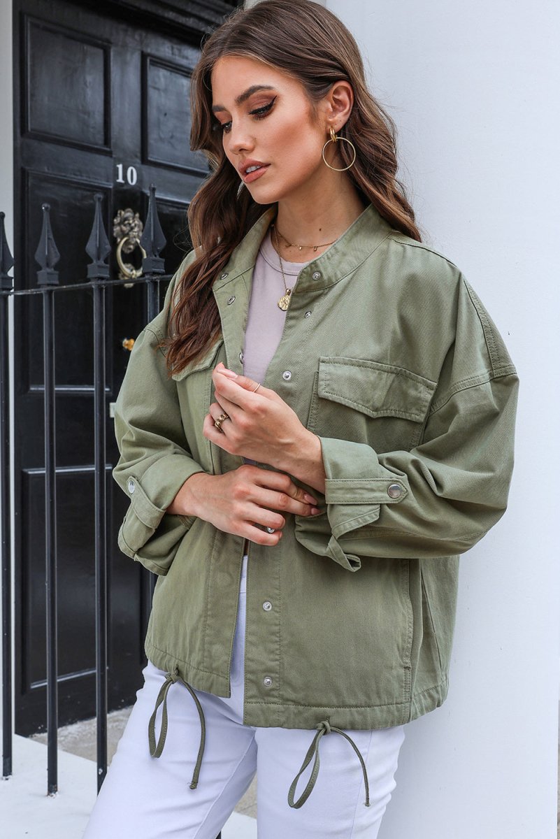 Drawstring Snap Down Dropped Shoulder Denim Jacket - Outerwear