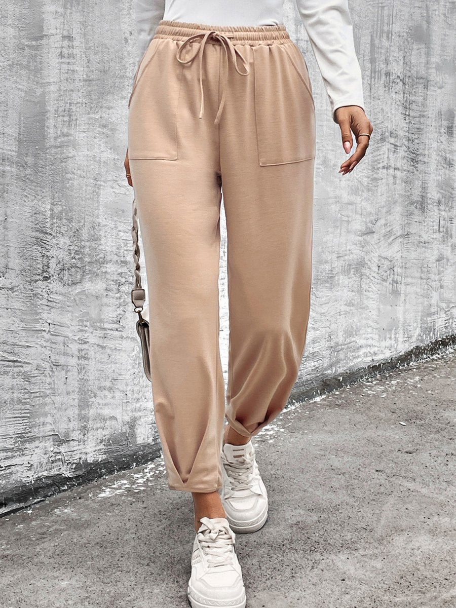 Drawstring Straight Pants with Pockets - Bottoms