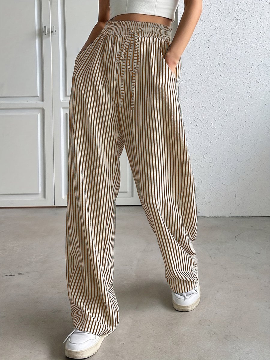 Drawstring Striped Elastic Waist Pants - Bottoms