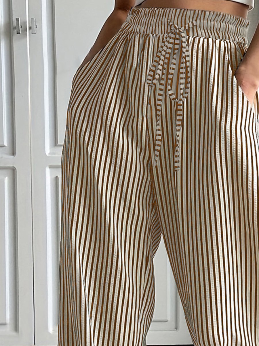 Drawstring Striped Elastic Waist Pants - Bottoms