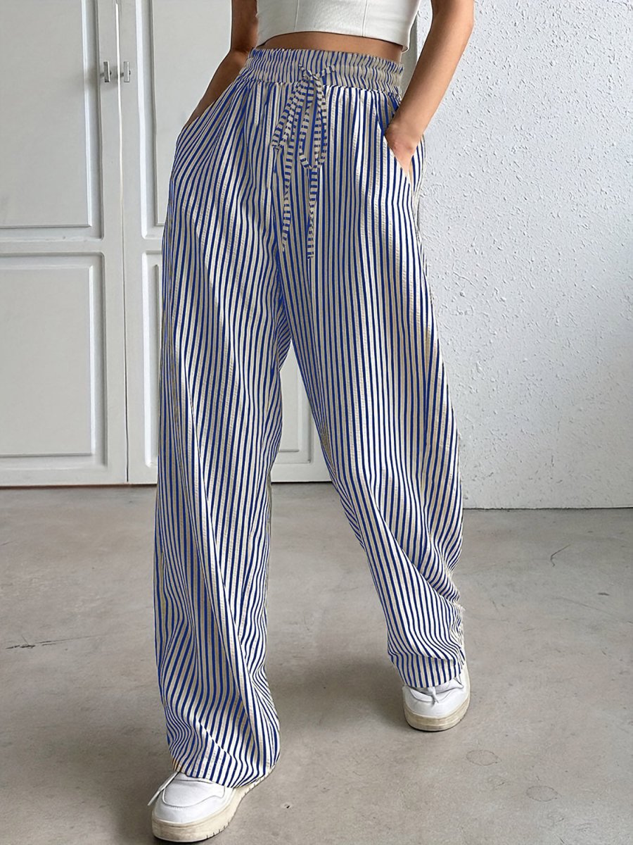 Drawstring Striped Elastic Waist Pants - Bottoms