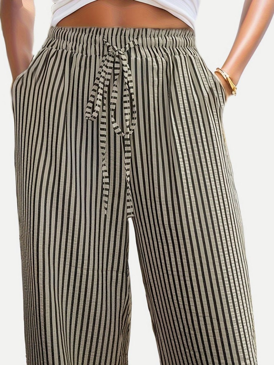 Drawstring Striped Elastic Waist Pants - Bottoms