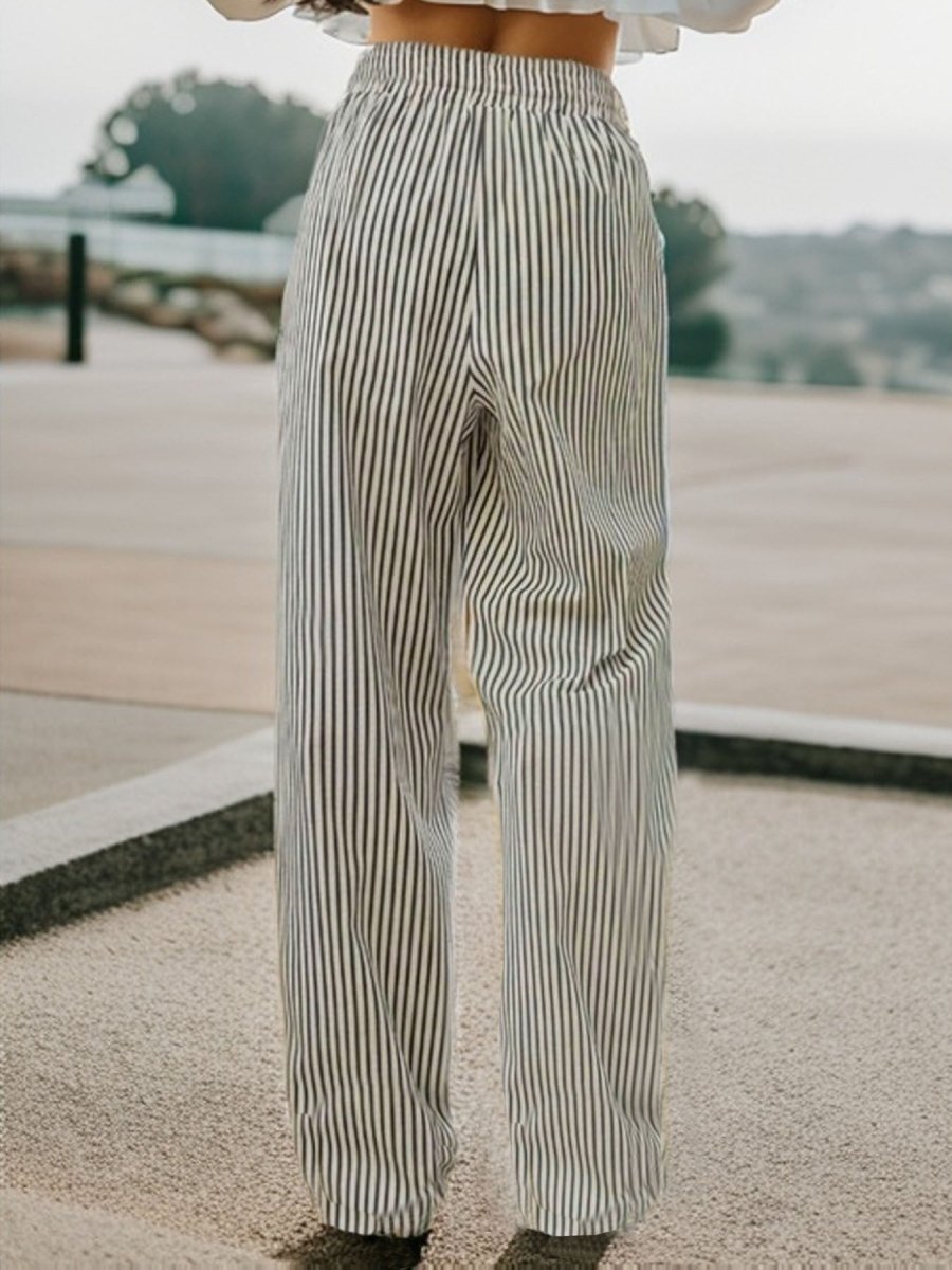 Drawstring Striped Elastic Waist Pants - Bottoms