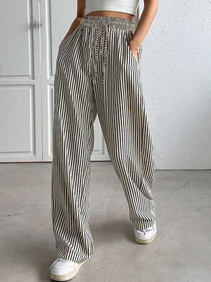 Drawstring Striped Elastic Waist Pants - Bottoms