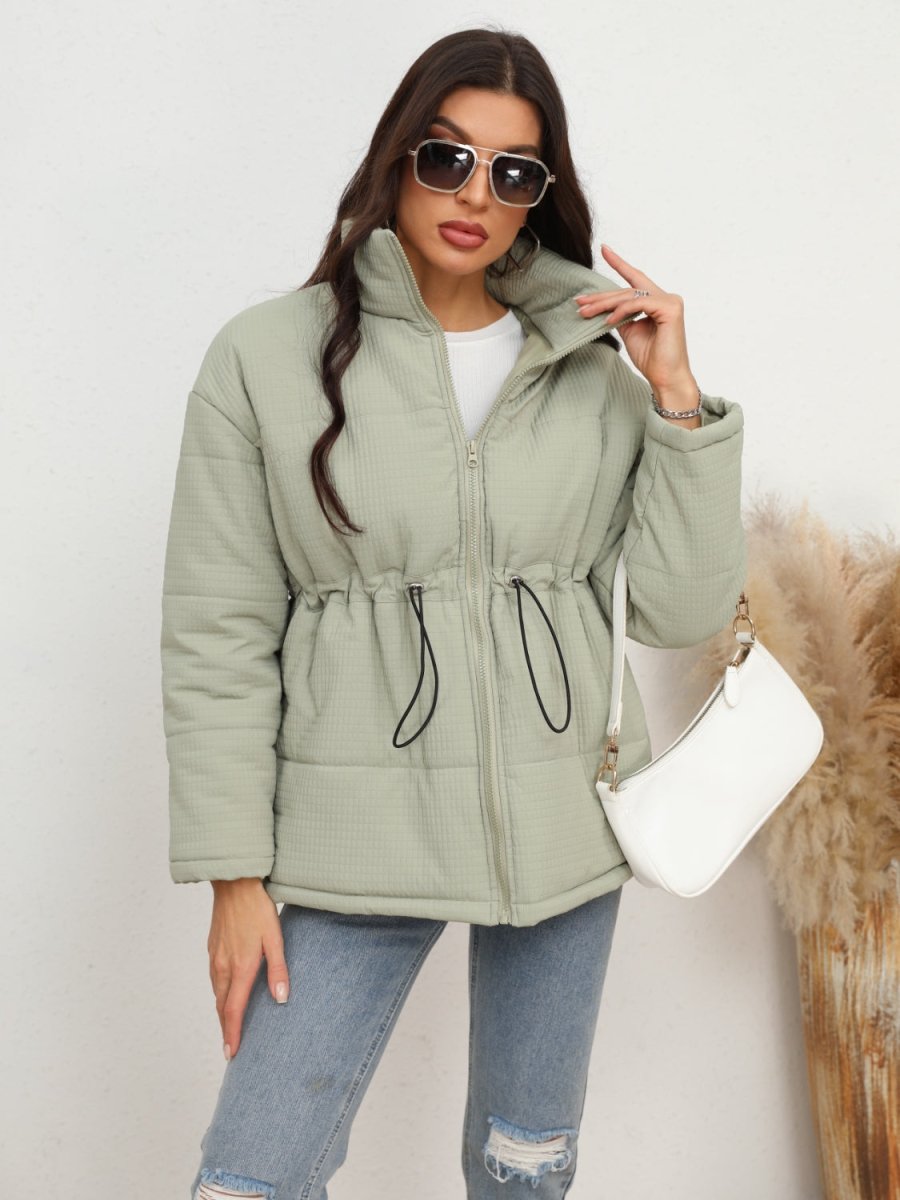 Drawstring Waist Zip - Up Puffer Jacket - Outerwear