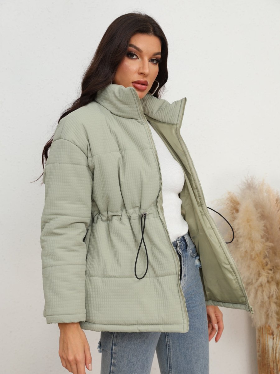 Drawstring Waist Zip - Up Puffer Jacket - Outerwear