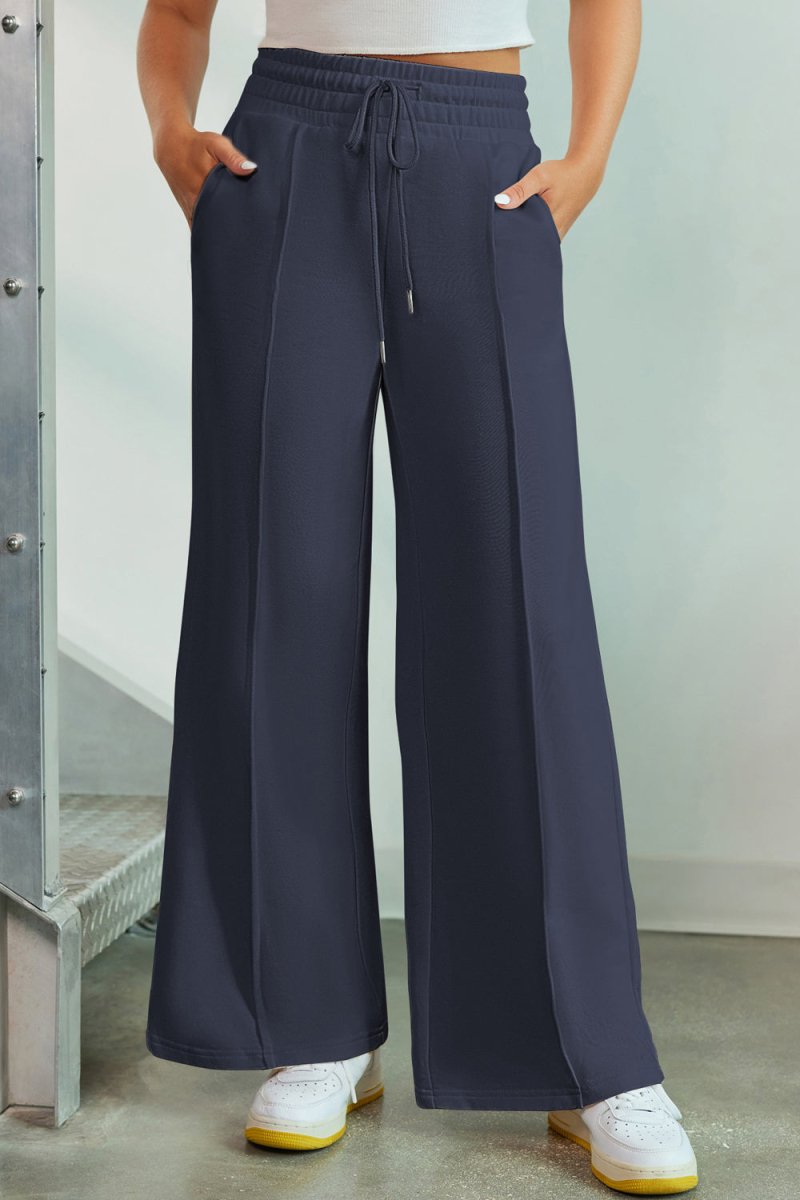 Drawstring Wide Leg Pants with Pockets - Bottoms