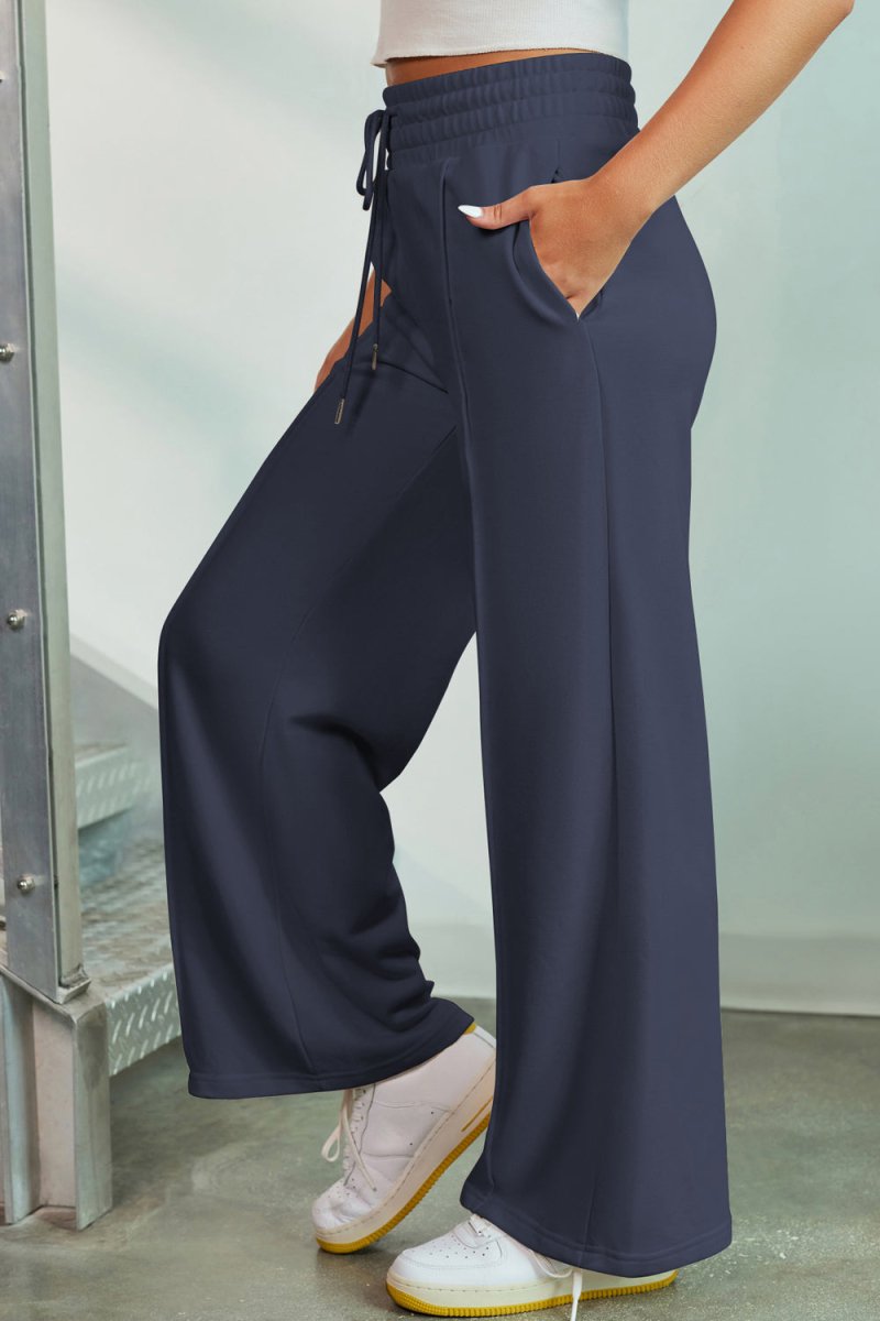 Drawstring Wide Leg Pants with Pockets - Bottoms