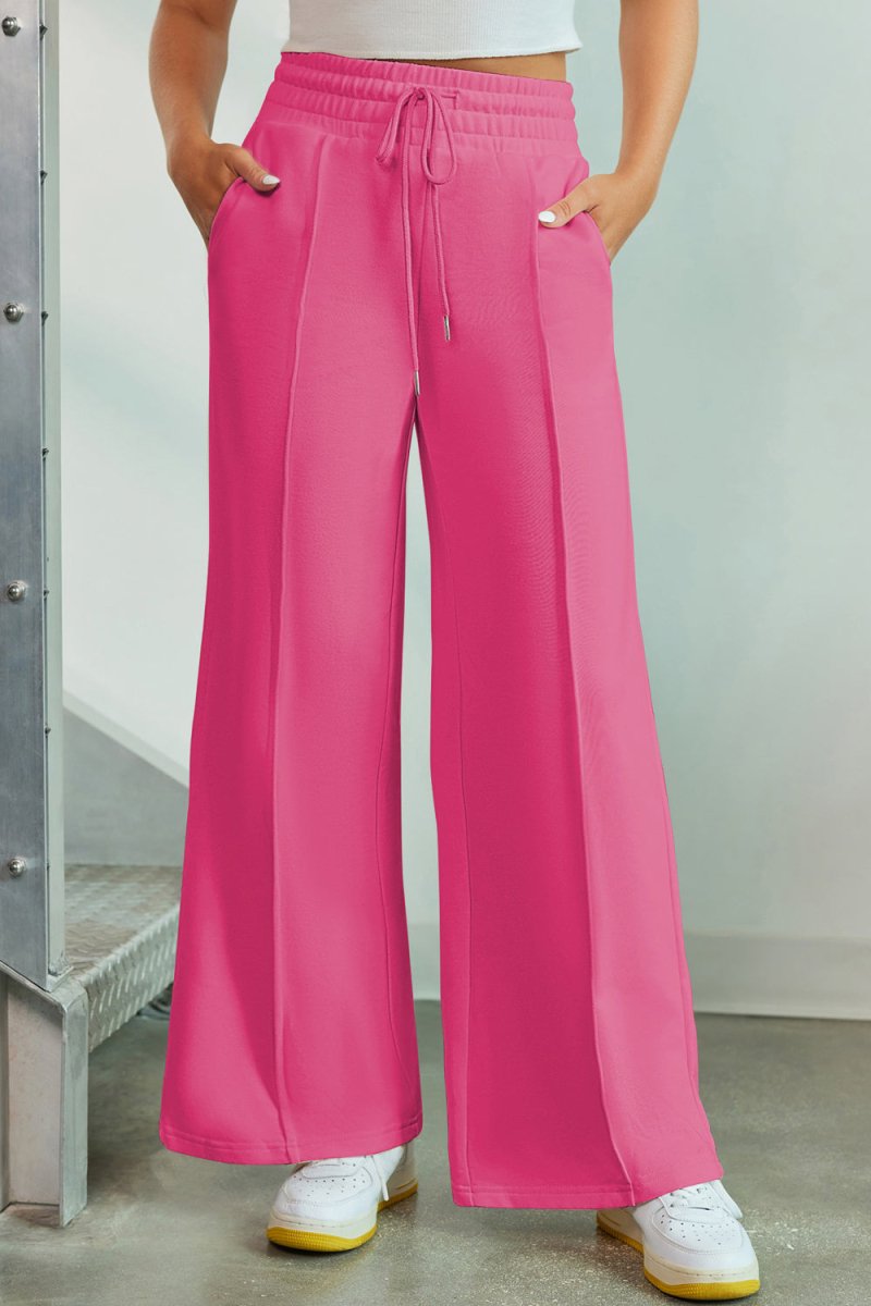 Drawstring Wide Leg Pants with Pockets - Bottoms