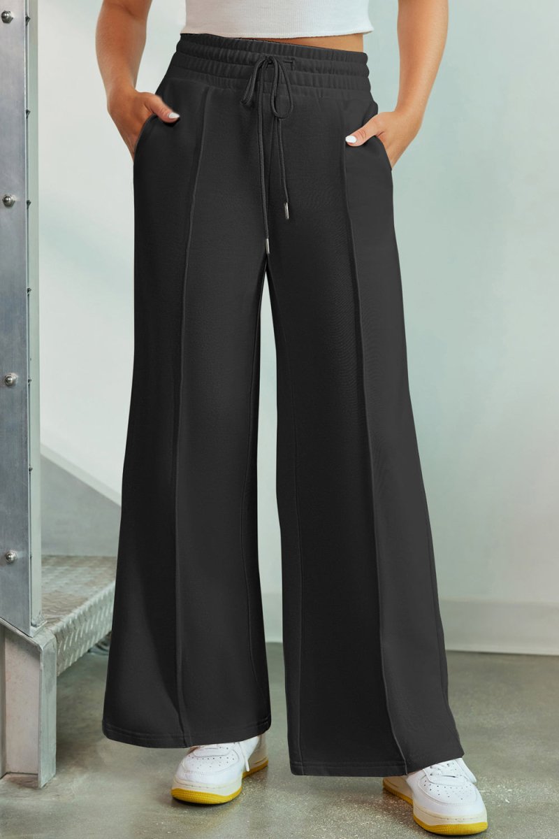 Drawstring Wide Leg Pants with Pockets - Bottoms
