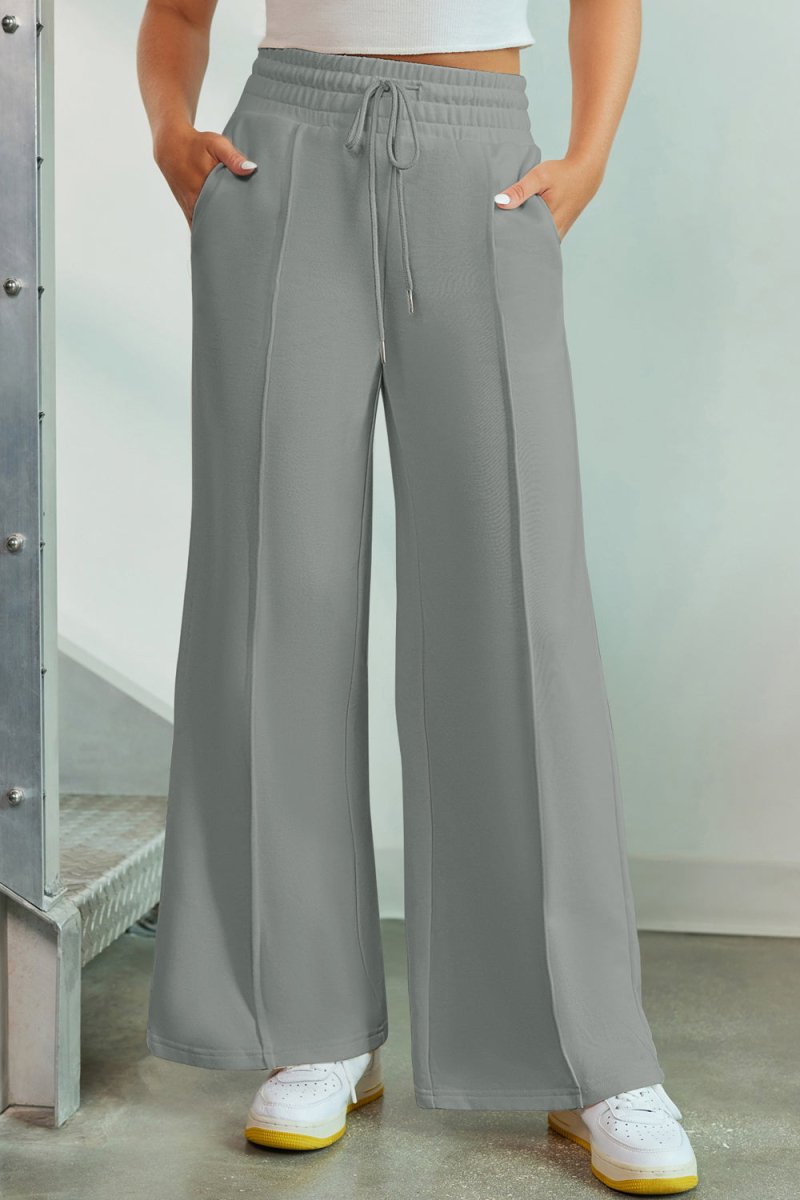 Drawstring Wide Leg Pants with Pockets - Bottoms