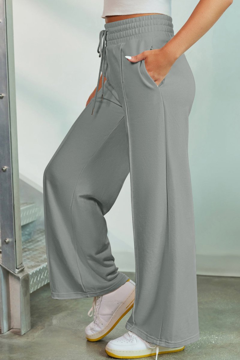 Drawstring Wide Leg Pants with Pockets - Bottoms