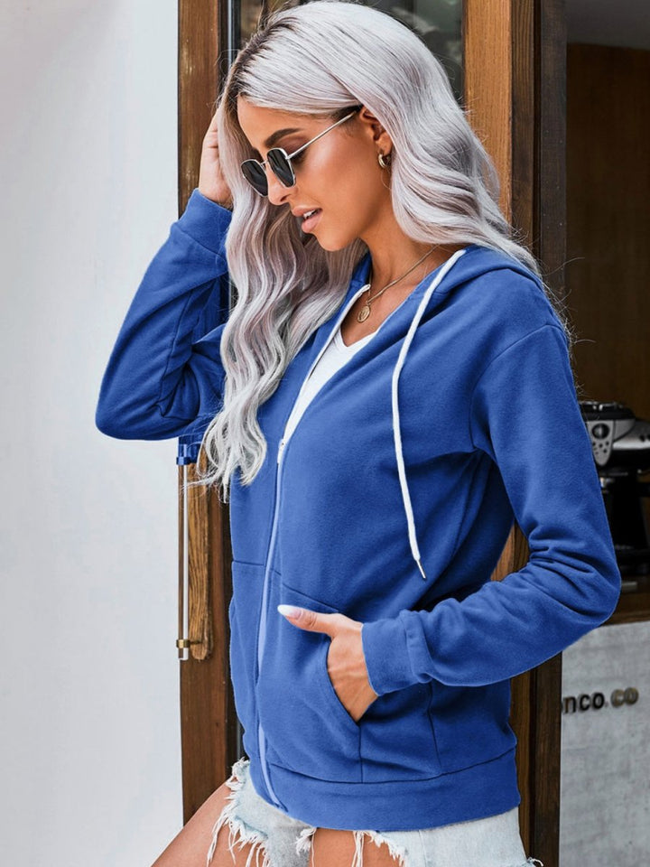 Drawstring Zip Up Hooded Jacket - Outerwear