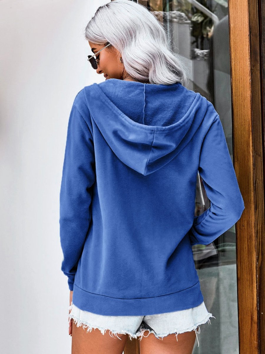 Drawstring Zip Up Hooded Jacket - Outerwear