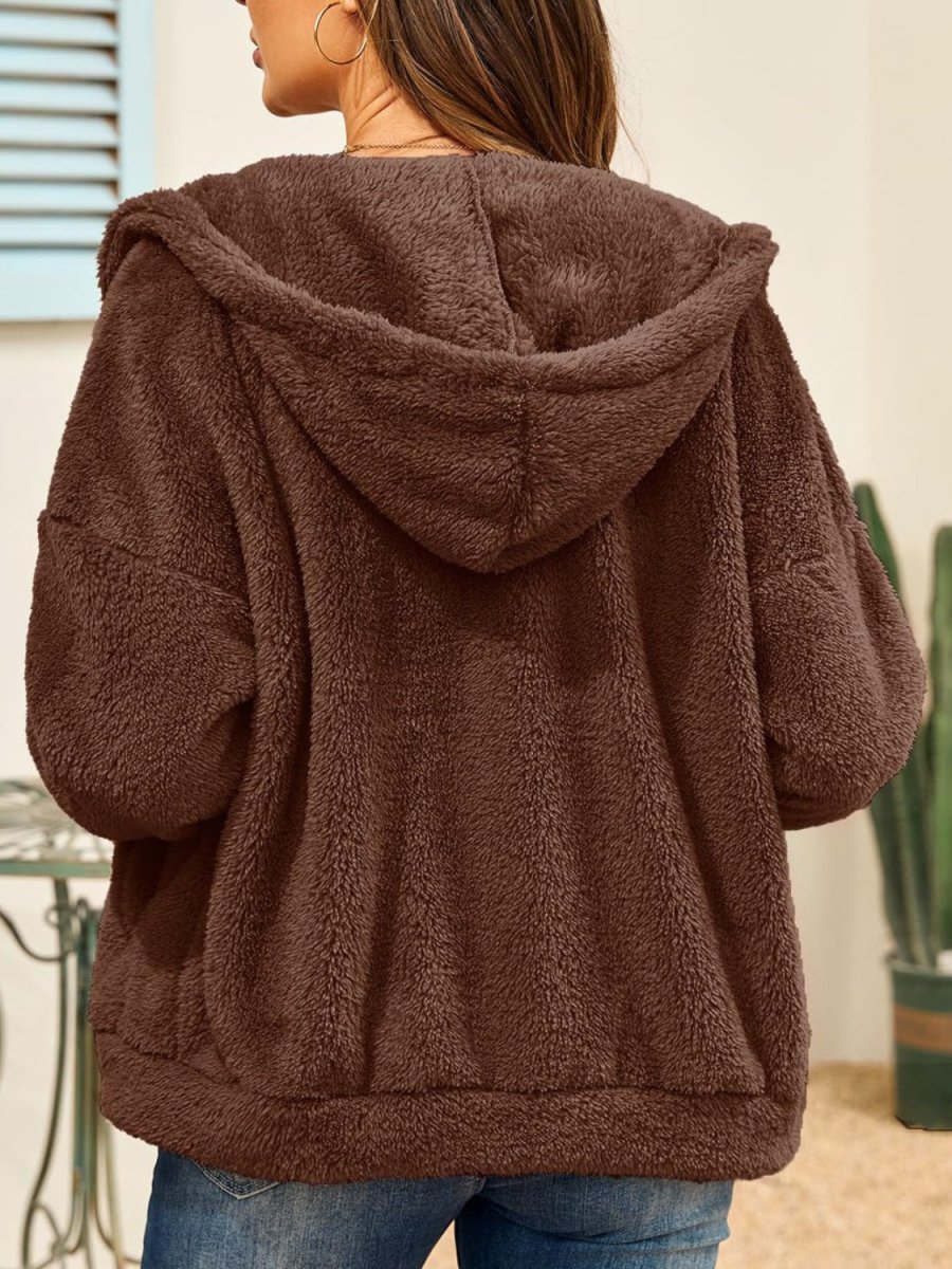 Drawstring Zip Up Hooded Plush Jacket - Outerwear