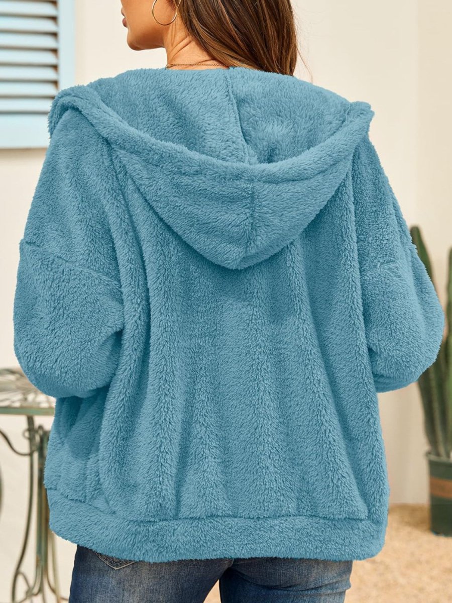 Drawstring Zip Up Hooded Plush Jacket - Outerwear